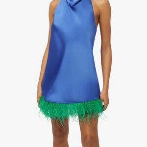 WeWoreWhat Sapphire Satin Dress with Feather Hem